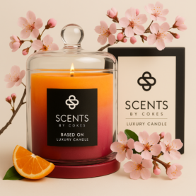 SCENTSBYCOKES® Cherry Bloom luxury soy wax candle in a modern glass vessel featuring bergamot and cherry blossom fragrance notes.